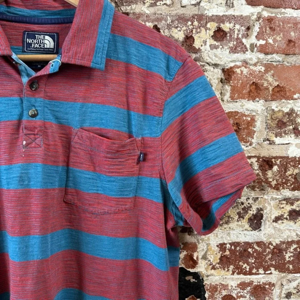 North Face Red Blue Striped Polo Shirt Golf Casual Short Sleeve Men Medium